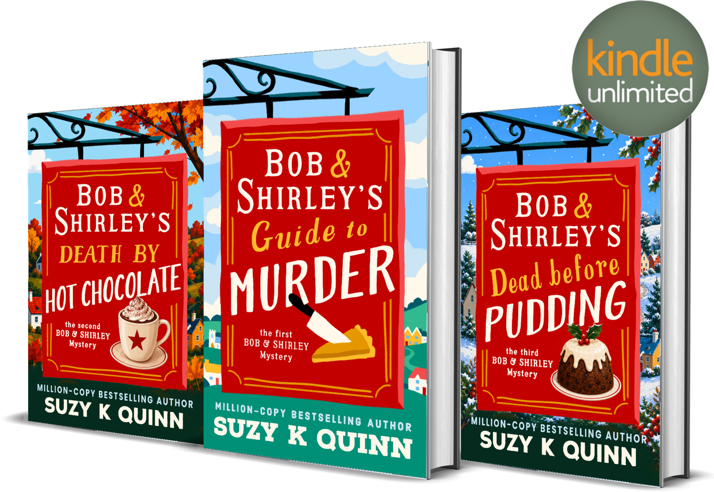 Bob and Shirley's Guide to Murder shown as a hardback, tablet and phone edition outside the Goose and Gander village pub