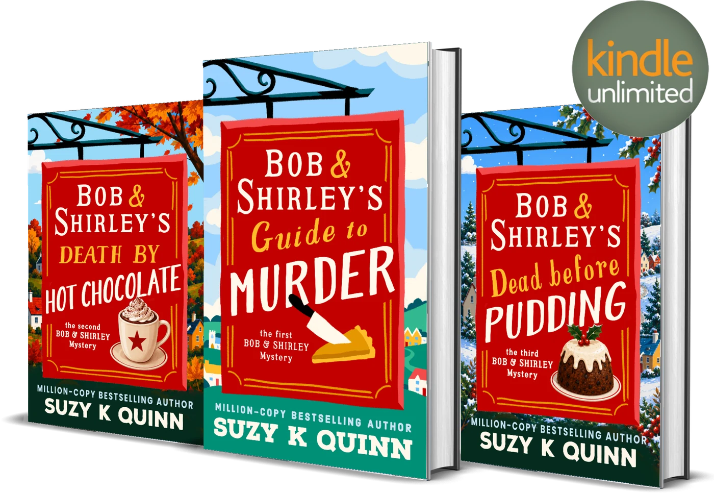 Bob and Shirley's Guide to Murder shown as a hardback, tablet and phone edition outside the Goose and Gander village pub